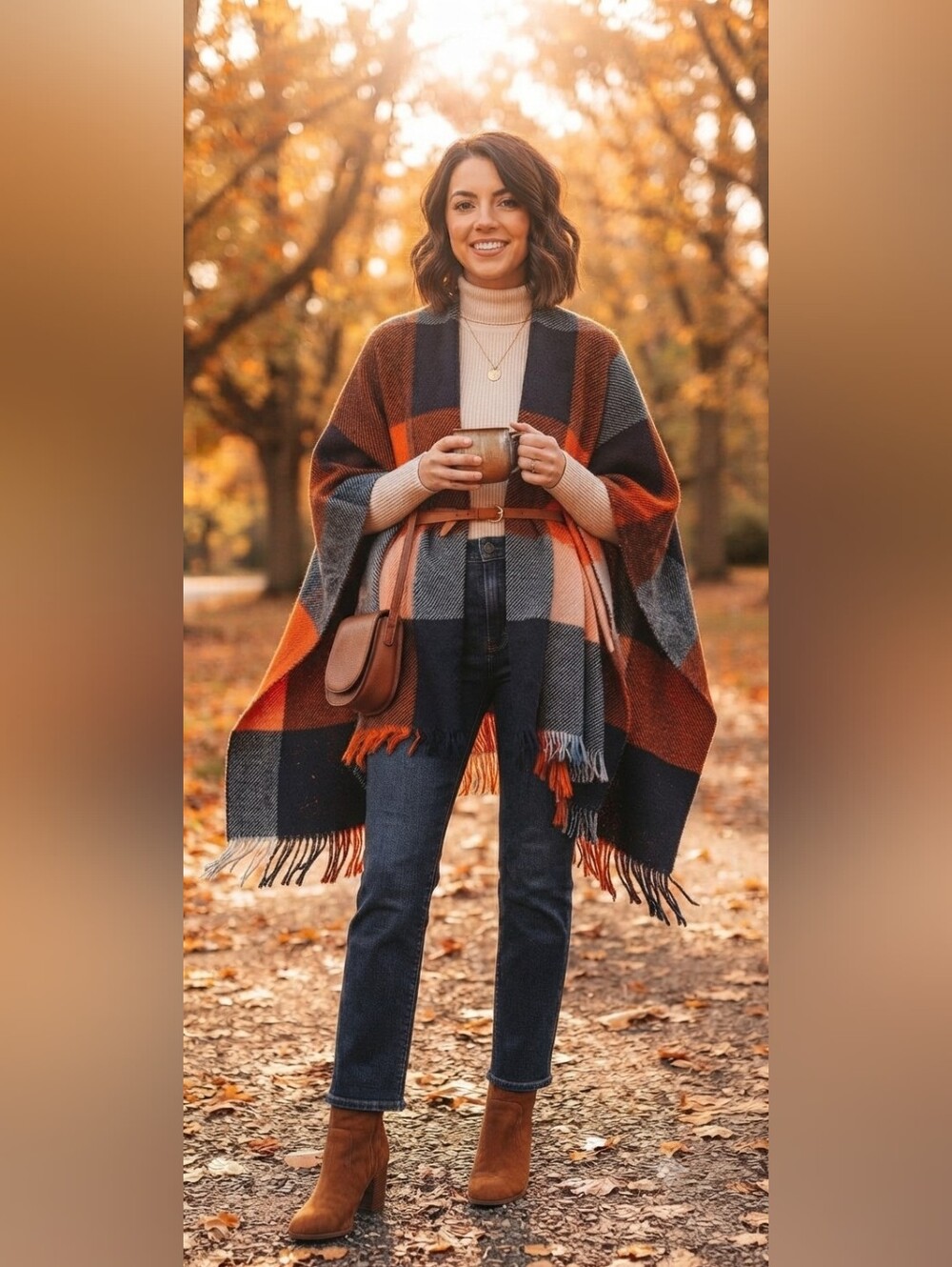 Old Navy Orange, Red, Brown and Cream Plaid Open-front Shawl
